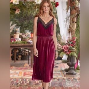 Norma Maroon Velvet Dress - Sundance- Lace Trim Dress